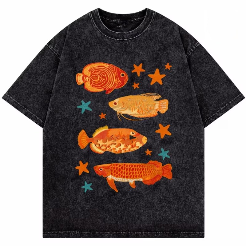 Aquarium Marine Color - Vintage Washed Tropical Fish Print T-Shirt